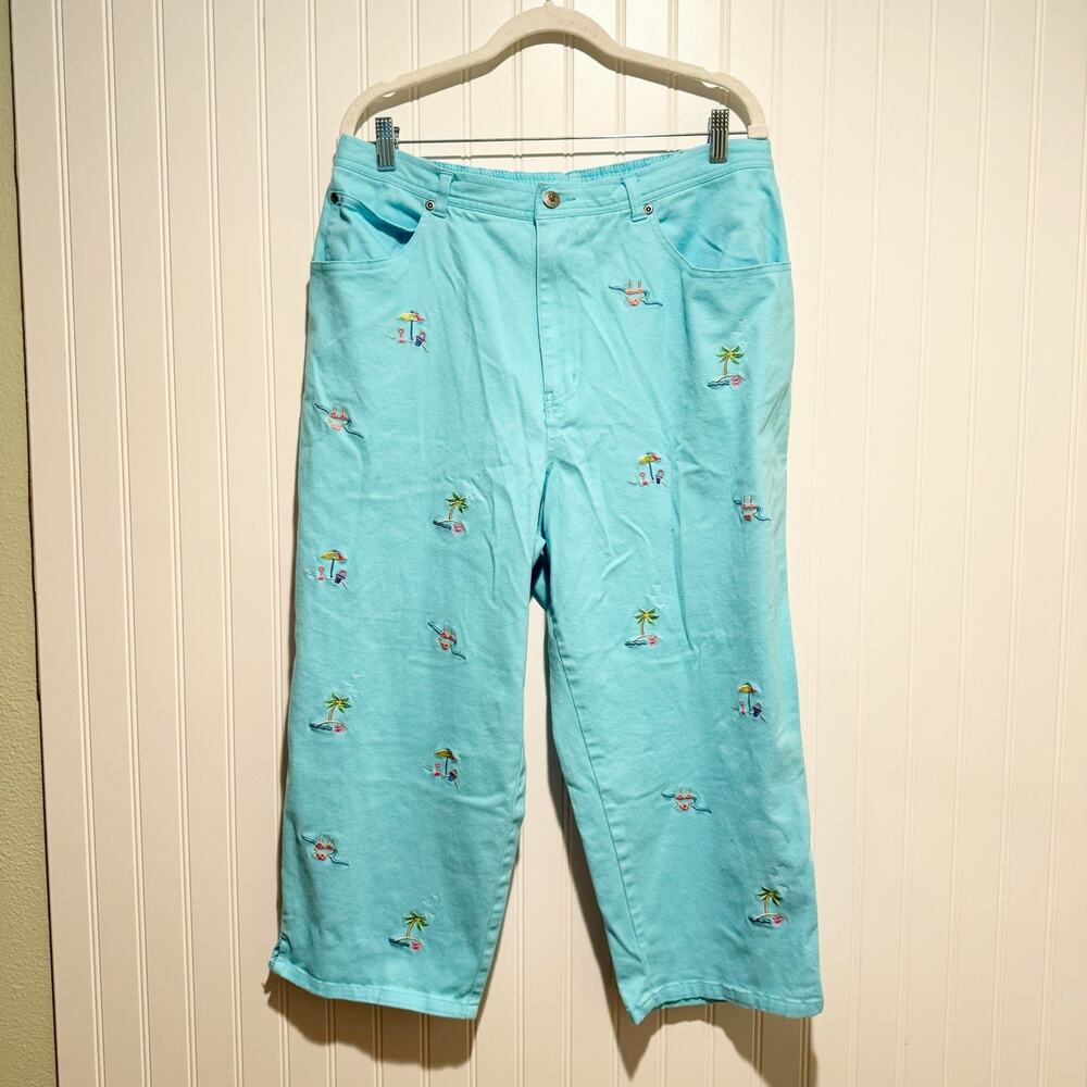 Quacker Factory Teal Summer Embroidered Pull On Cropped Pants Size XL